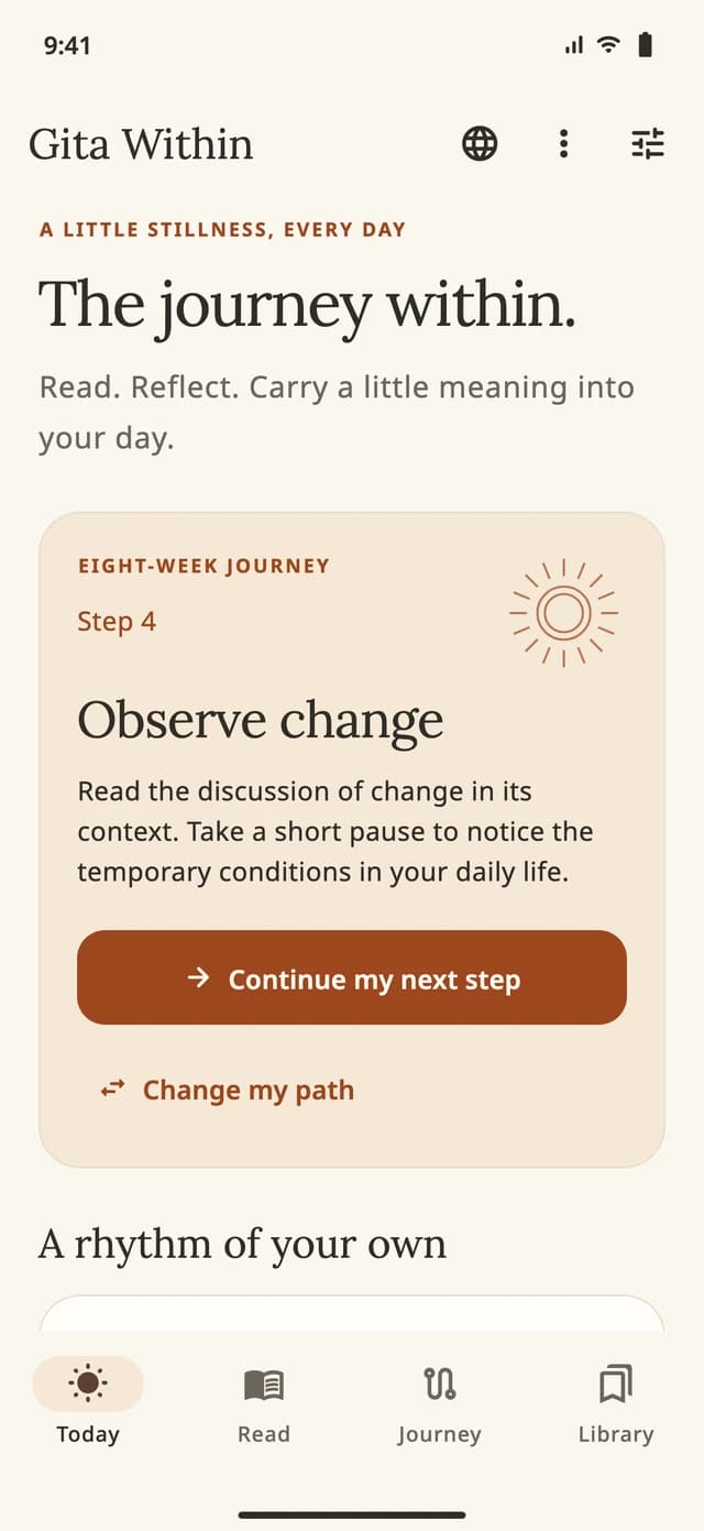 Gita Within Today screen with the next step in an eight-week reading journey and saved progress.