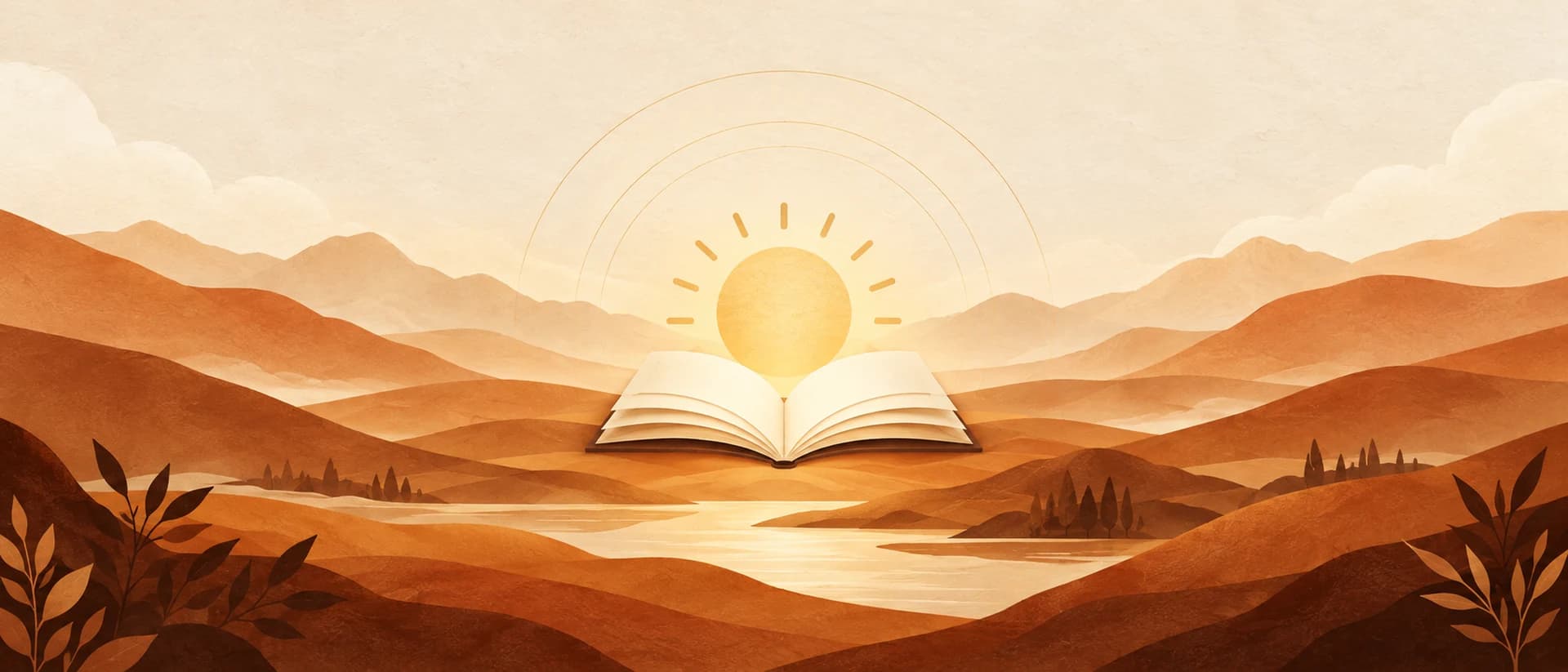 An open book and golden sun in a quiet, warm landscape, reflecting Gita Within’s reading and meditation theme.
