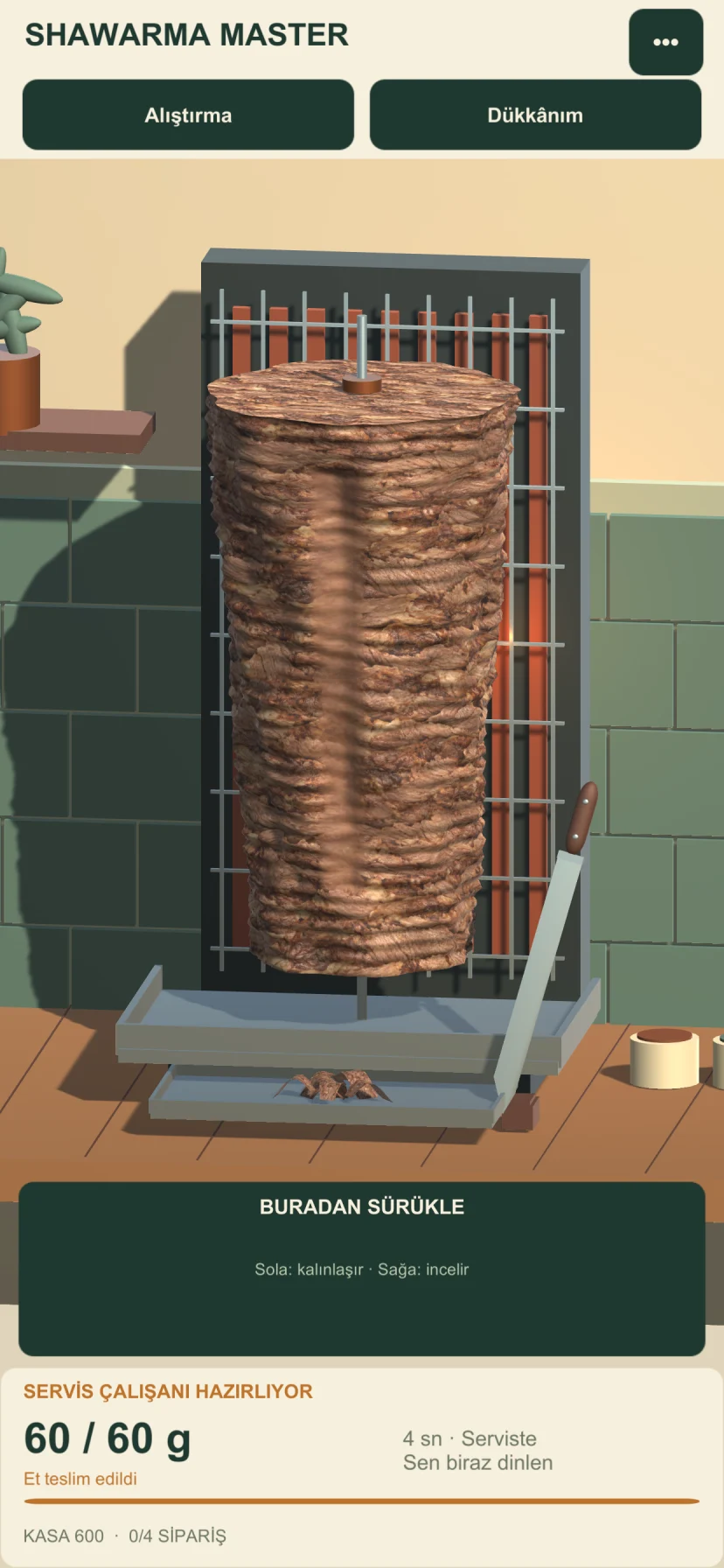 Shawarma Master Turkish shop screen showing automatic preparation after a meat portion is complete.