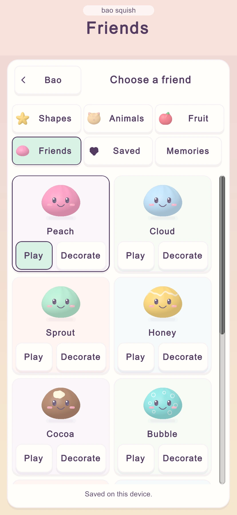 Bao Squish Friends screen with a collection of colorful soft characters.