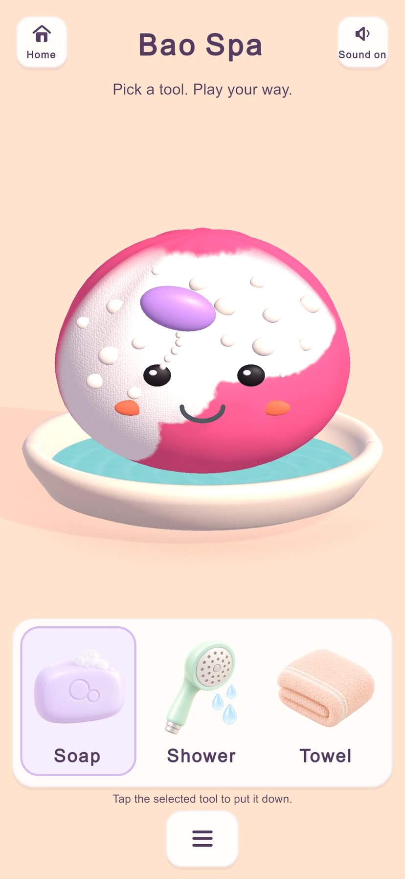 Bao Spa with a soft friend in the tub and separate soap, shower and towel tools.
