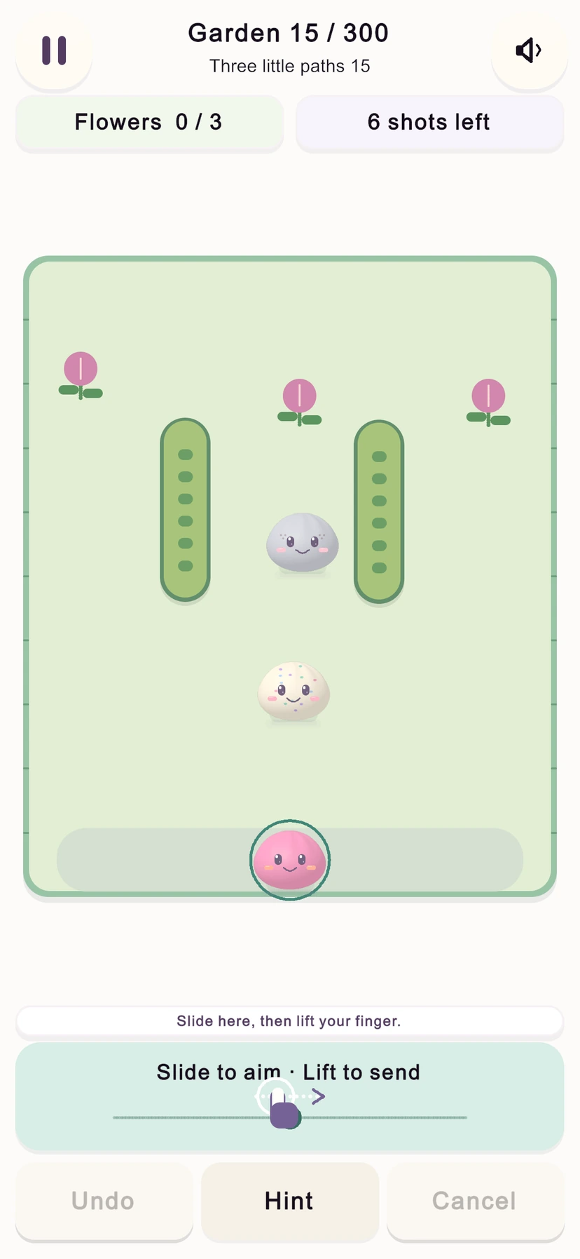 Bao Bounce play screen with soft friends, flowers and an aiming area.