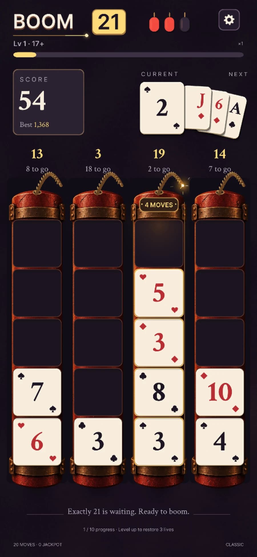 Boom 21 board with four dynamite columns, current card and three upcoming cards at the upper right