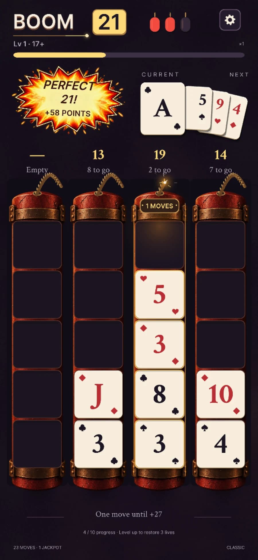 An active dynamite column with one move remaining on its fuse