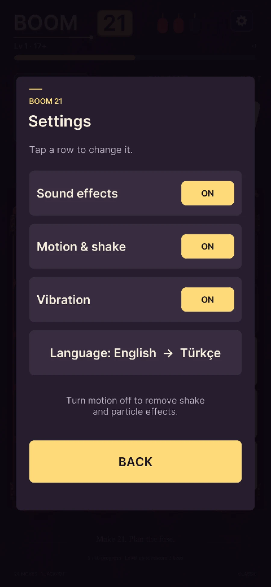 Settings with large rows for sound effects, motion and shake, vibration, and language